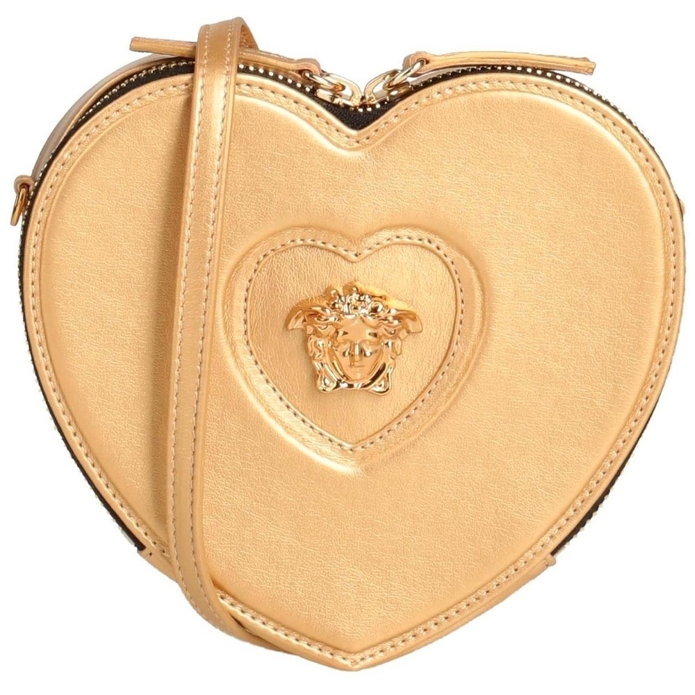 NWT Versace Heart Medusa Crossbody Strap Bag Gold Leather Kids Purse Logo Plaque